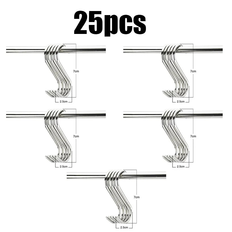 5/10/20/25pcs Stainless Steel S-Shape Hooks Multifunction Hanging Hook For Clothes Bags Towels Home Kitchen Storage Rack Holders Oasis Select 25pcs-M