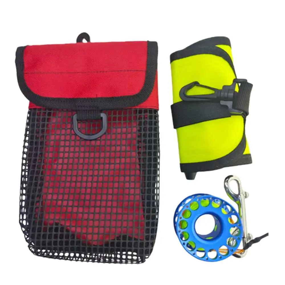 Diving SMB Kit 1.1m Closed Surface Marker Buoy & 30m Aluminum Finger Spool Reel & Dive Sausage Storage Bag Combo Oasis Select yellow blue