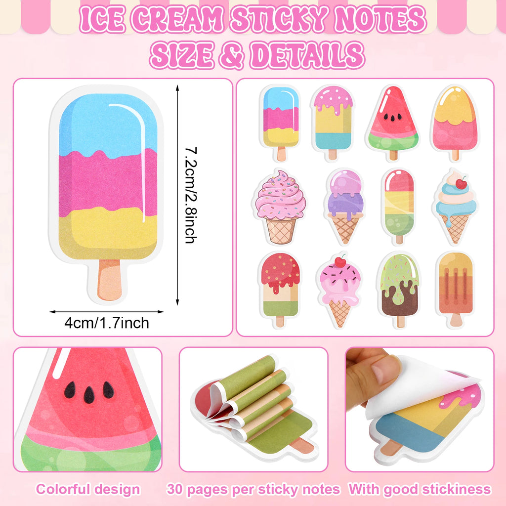 48Pc Ice Cream Cone Pens with Sticky Notes Ice Cream Party Supplies Kit Assorted Summer Fruit Popsicle Stick Back to School Gift Oasis Select