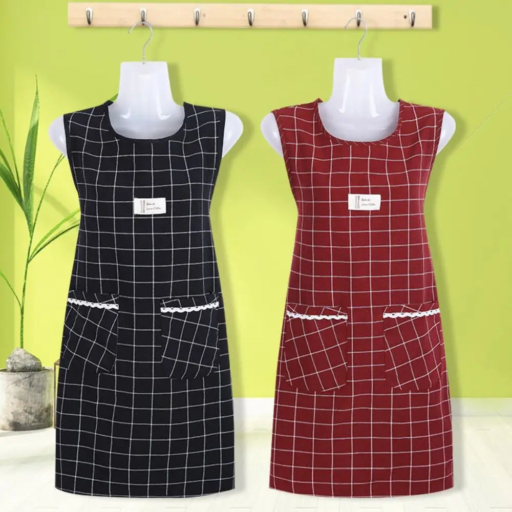 Women's Plaid Cotton Sleeveless Apron – Oil-Proof, Large Pocket