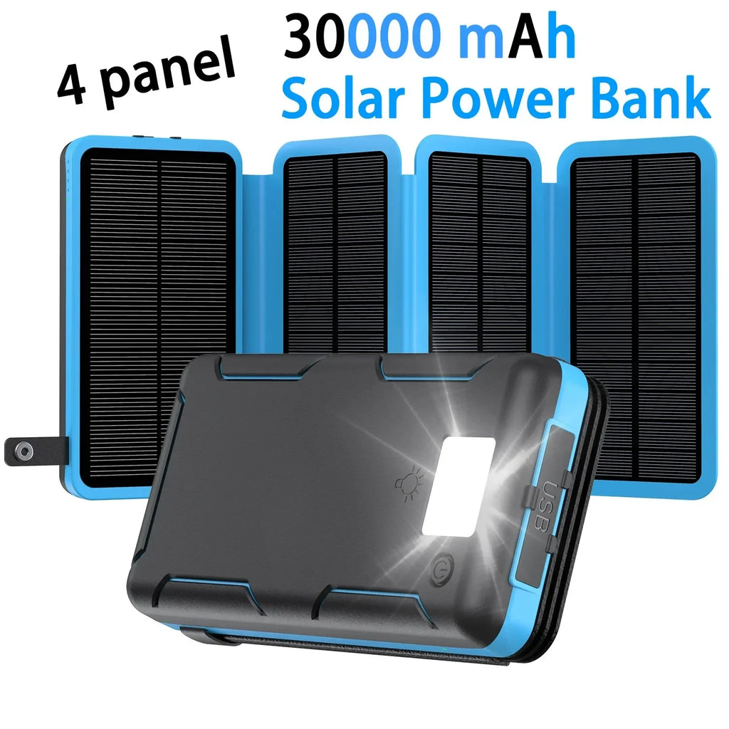 30000mAh Solar Power Bank Flip Panel Large Capacity IOS/Android USB Fast Charge Dual Charging Solar/Type-C Portable for Camping Oasis Select 30000mAh blue