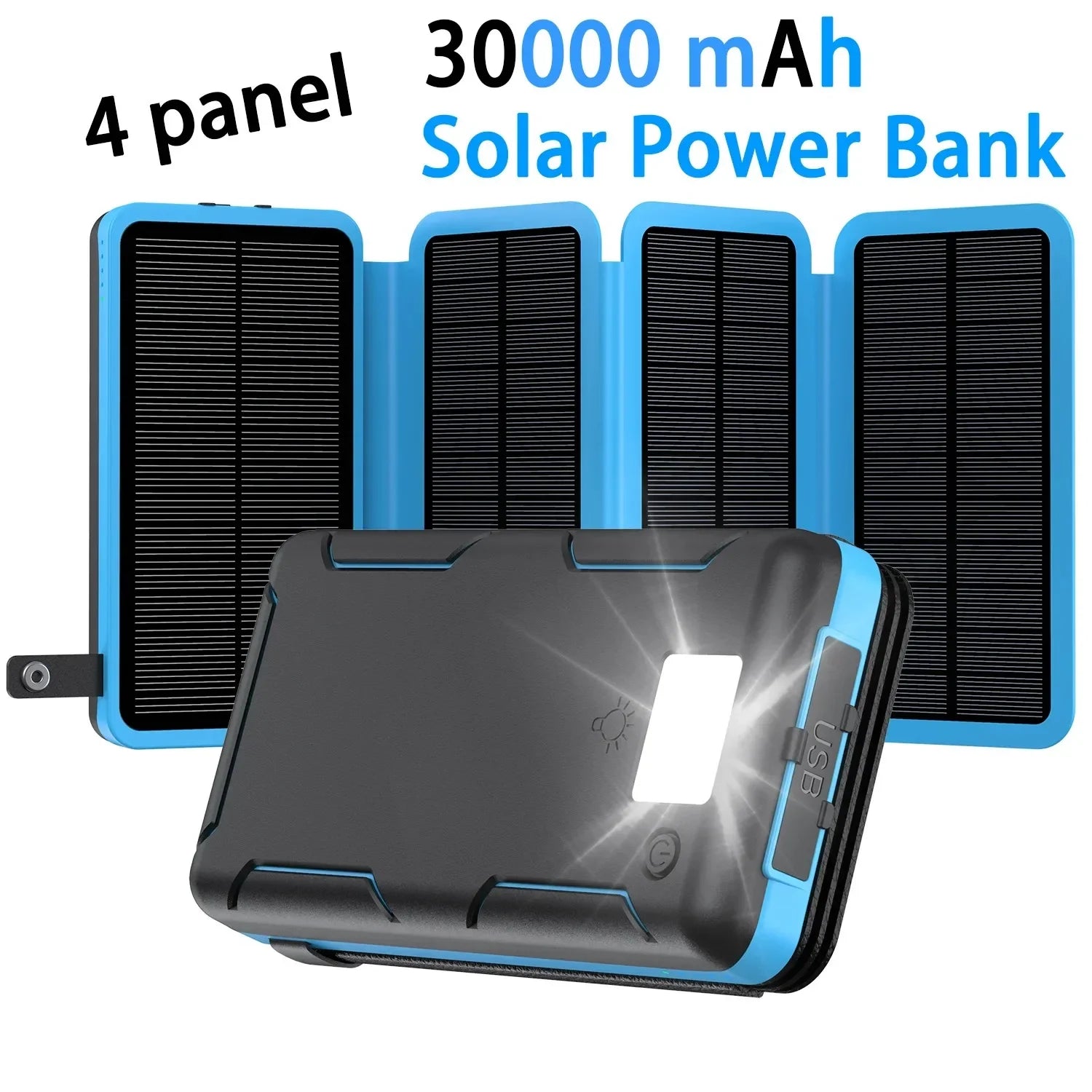 30000mAh Solar Power Bank Flip Panel Large Capacity IOS/Android USB Fast Charge Dual Charging Solar/Type-C Portable for Camping Oasis Select 30000mAh blue