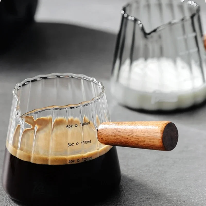 180ML Espresso Cup with Wood Handle Coffee Measuring Glass Milk Frothing Jug Latte Creative Stripe Art Mug Coffee Accessories Oasis Select