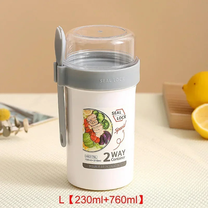 Portable Salad Cups Container Plastic with Lid and Fork Overnight cup Breakfast Oatmeal Cereal Nut Yogurt Cup School Lunch Box Oasis Select White-L
