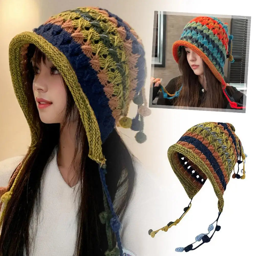 Colorful Rainbow Striped Knit Wool Beanie Hat For Women Winter Warm Crochet Ear Protection Cap Female Girl Snow Windproof Bonnet Oasis Select