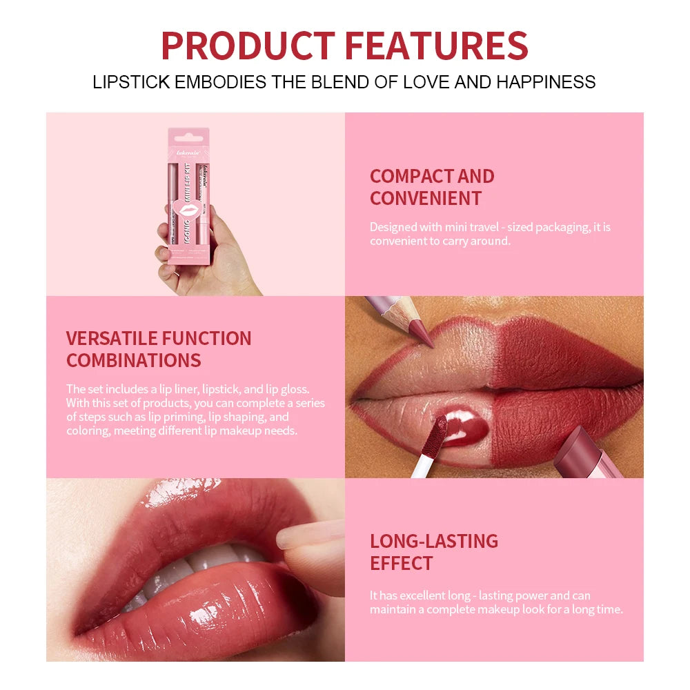 Lip Liner & Lipstick Lipgloss Combo Waterproof Long Lasting Lip Makeup Protable Travel Mini Set High Color Women's Cosmetics Oasis Select