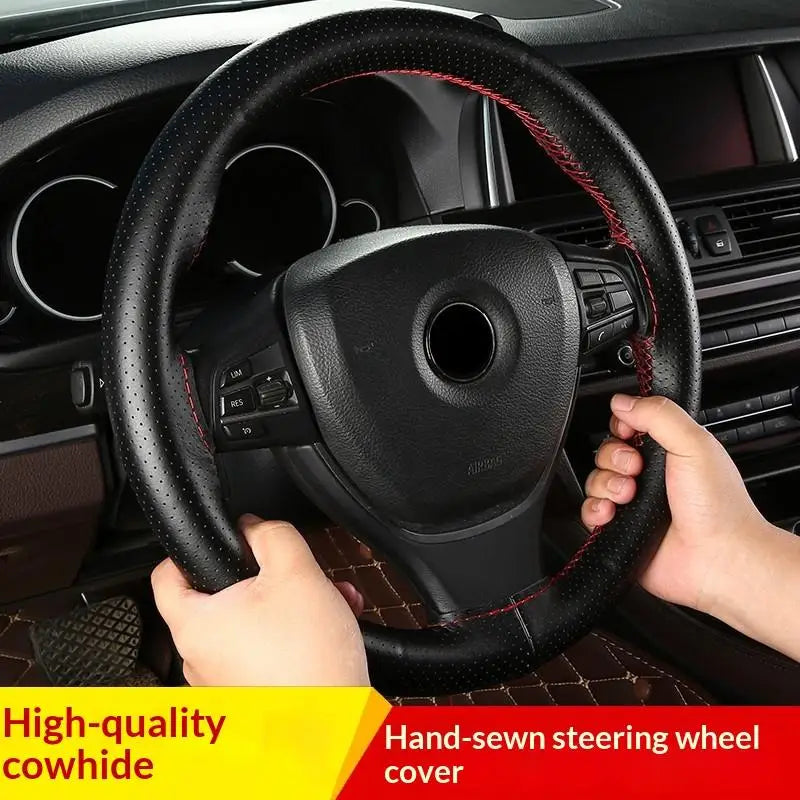 Hand Sewn Car Steering Wheel Protective Cover Leather Breathable Anti Slip Universal Suitable 38cm Elastic Band Texture Decor Oasis Select