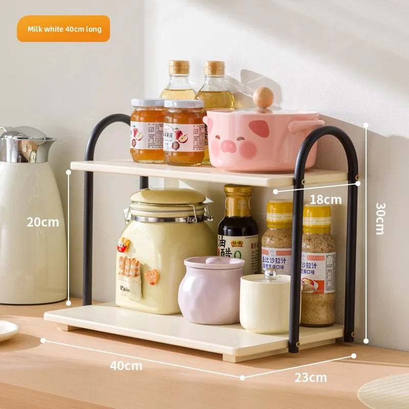 Double-layer kitchen seasoning rack rack household seasoning salt tank multi-functional multi-layer storage rack Oasis Select Milk white 40 long