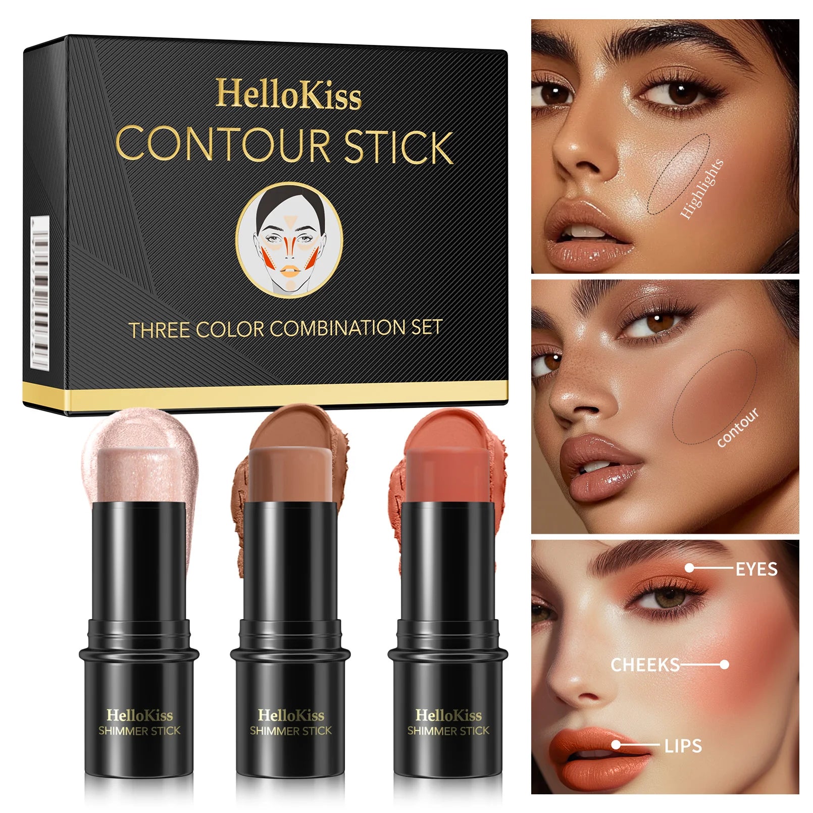 3-in-1 Cream Contour, Highlighter & Blush Stick Set with Brush