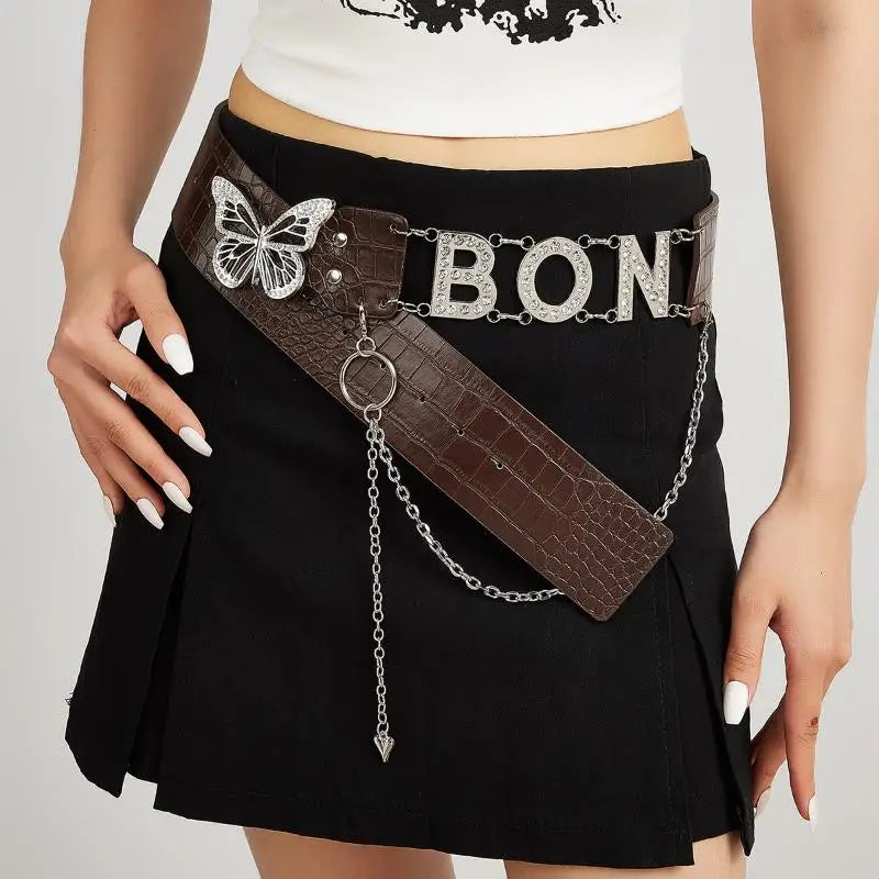 Rhinestone Y2K Letter Belt – PU Butterfly Chain Women's Belt Fashion Belt Oasis Select A9