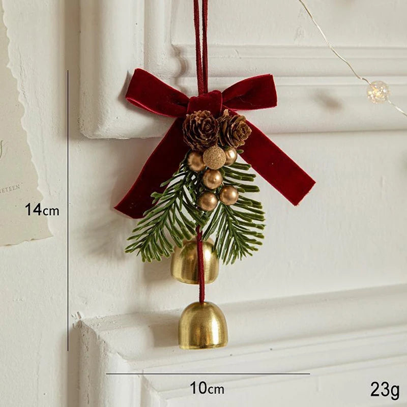 Christmas Jingle Bell Door Hanger – Velvet Bow & Pine Cone Ornament