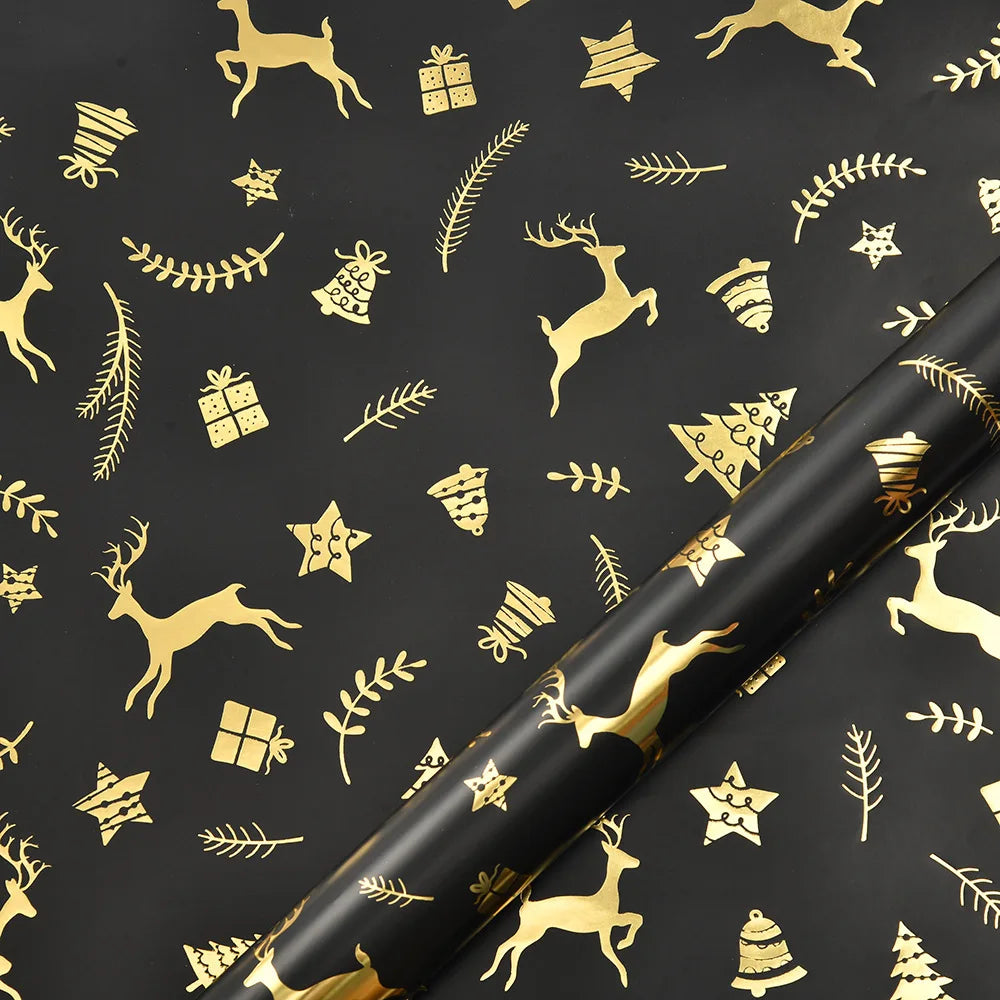 Black and Gold Foil Christmas Wrapping Paper – Reindeer & Snowflake Design on Glossy Coated Sheets for Holiday Gifts Oasis Select Style 6-50x70cm