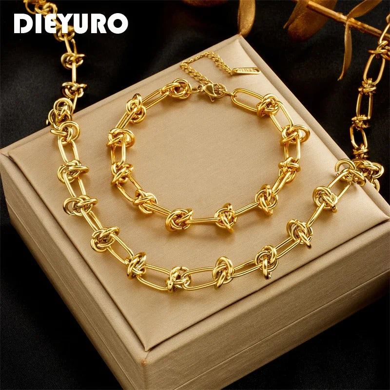 Stainless Steel Gold Silver Color Twist Knot Necklace Bracelets For Womens Girl New Fashion Non-fading Jewelry Set Oasis Select
