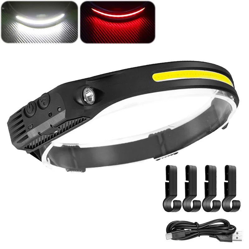 COB LED Headlamp Induction Head Lamp Built-in Battery USB Rechargeable Head Flashlight Outdoor Camping Fishing Sensor Headlight Oasis Select 1PC with Hook