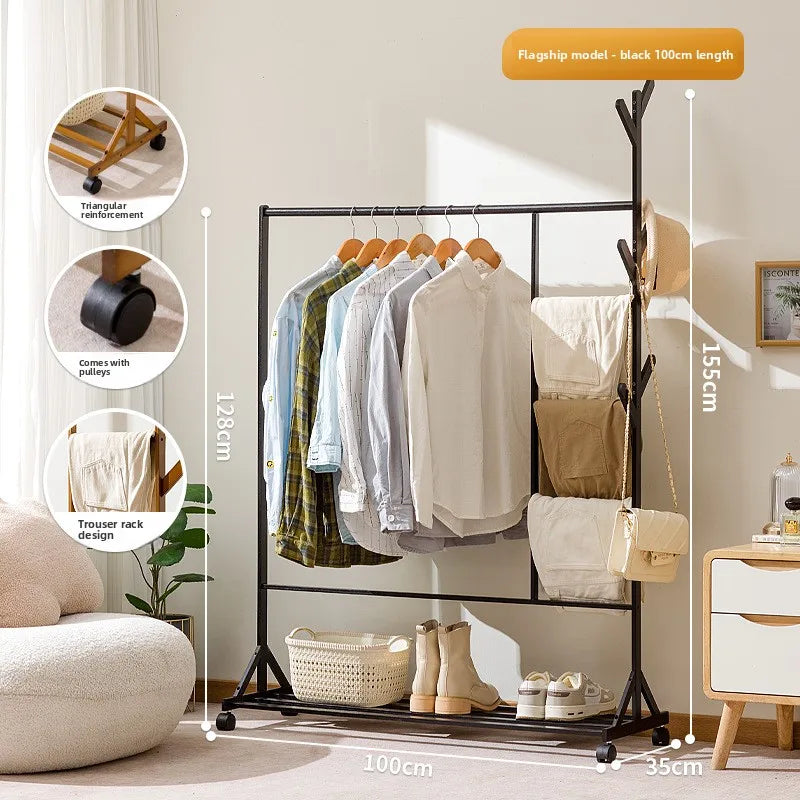 Simple coat rack Hanging hanger Floor to ceiling Living room Bedroom hanger Children's creative solid wooden clothes rack Oasis Select QJ black 100