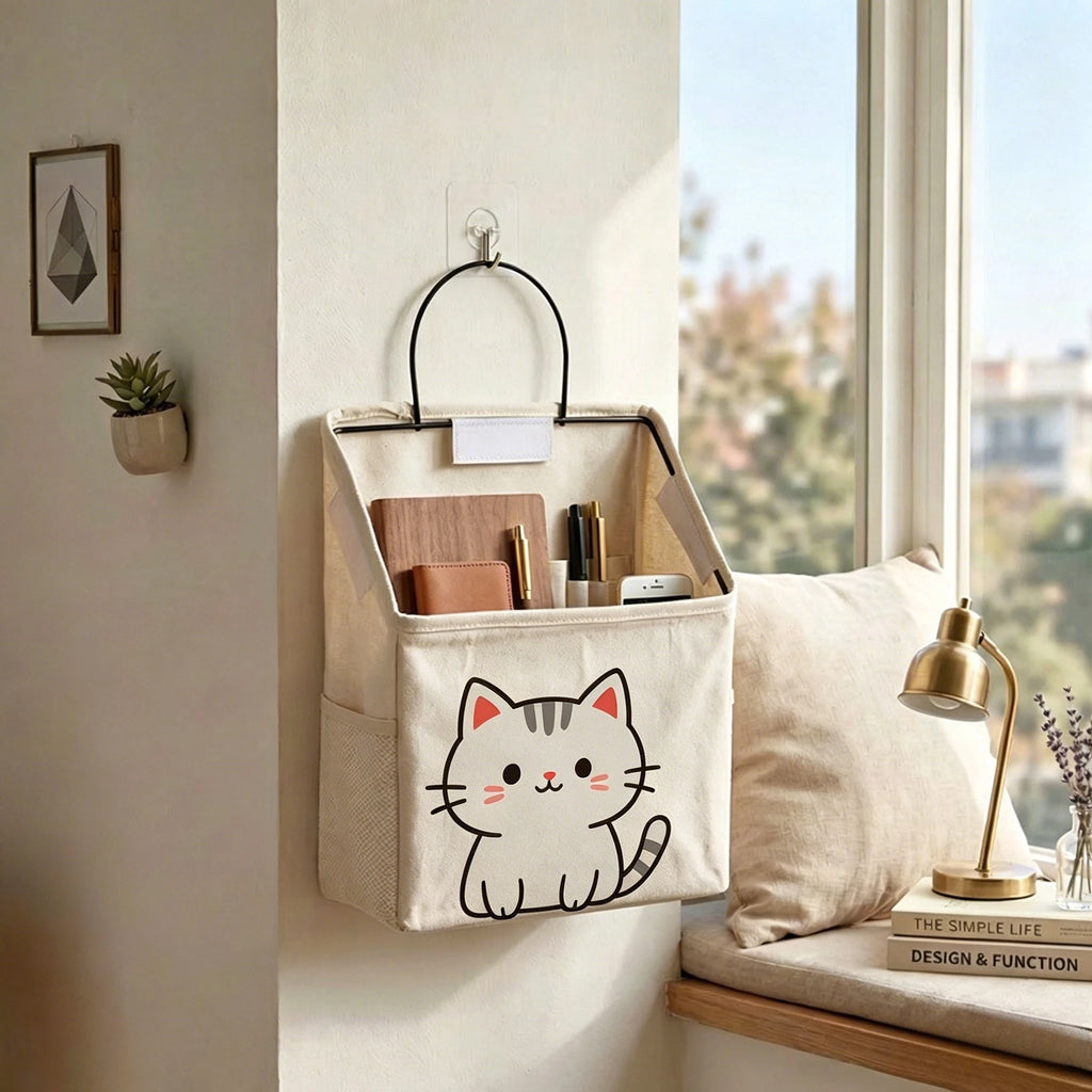 Wall Mount Fabric Storage Basket Large Cute Kitten Print Multifunctional Space Saving Basket For Bathroom Plants Towels Tools Oasis Select