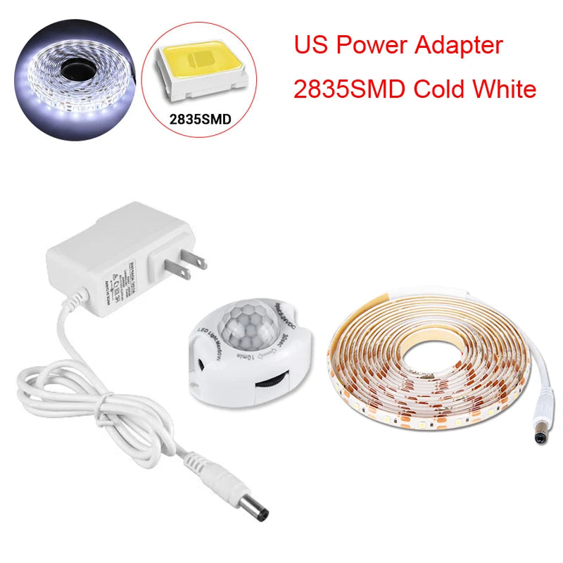 1-5M PIR Motion Sensor Strip Lights DC12V Waterproof LED Under Cabinet Lamp For Bedroom Kitchen Closet Stairs Bedside Nightlight Oasis Select US Set Cold White 5M