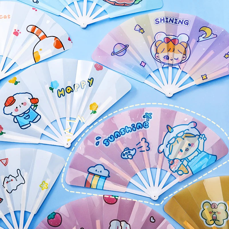 Cartoon Hand Crank Cool Fan Creative Summer Small Fresh Cute Portable Folding Fan PP Plastic Folding Fan for Student Children Oasis Select