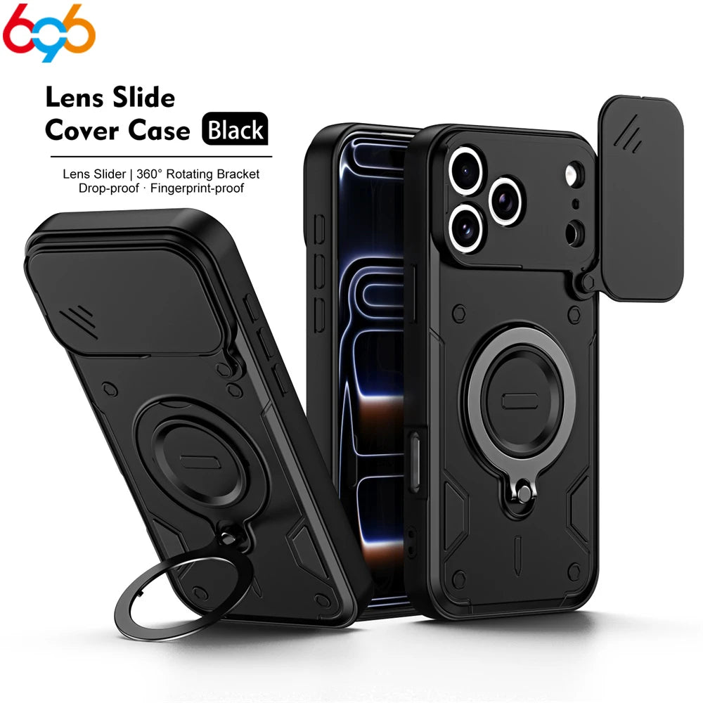 360° Rotating Magnetic Stand Armored Shockproof‌ Phone Case For IPhone 17 Pro Max 16 Slider Lens Skin Feel Slim Cover Man Lady Oasis Select BK iPhone 15