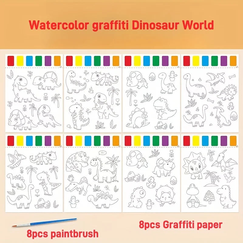 A Set of Art Tools, Including 8 Pieces of Art Paper, 8 Brushes,and 6 Colors of Paint,Suitable for Students and DIY Handmade Sets Oasis Select dinosaur