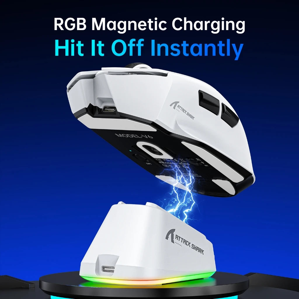 Attack Shark V6 Tri-Mode Gaming Mouse Wireless, 65g UltraLight, PAW3311 Sensor, RGB Magnetic Charging Dock,1000Hz 500mAh Battery Oasis Select