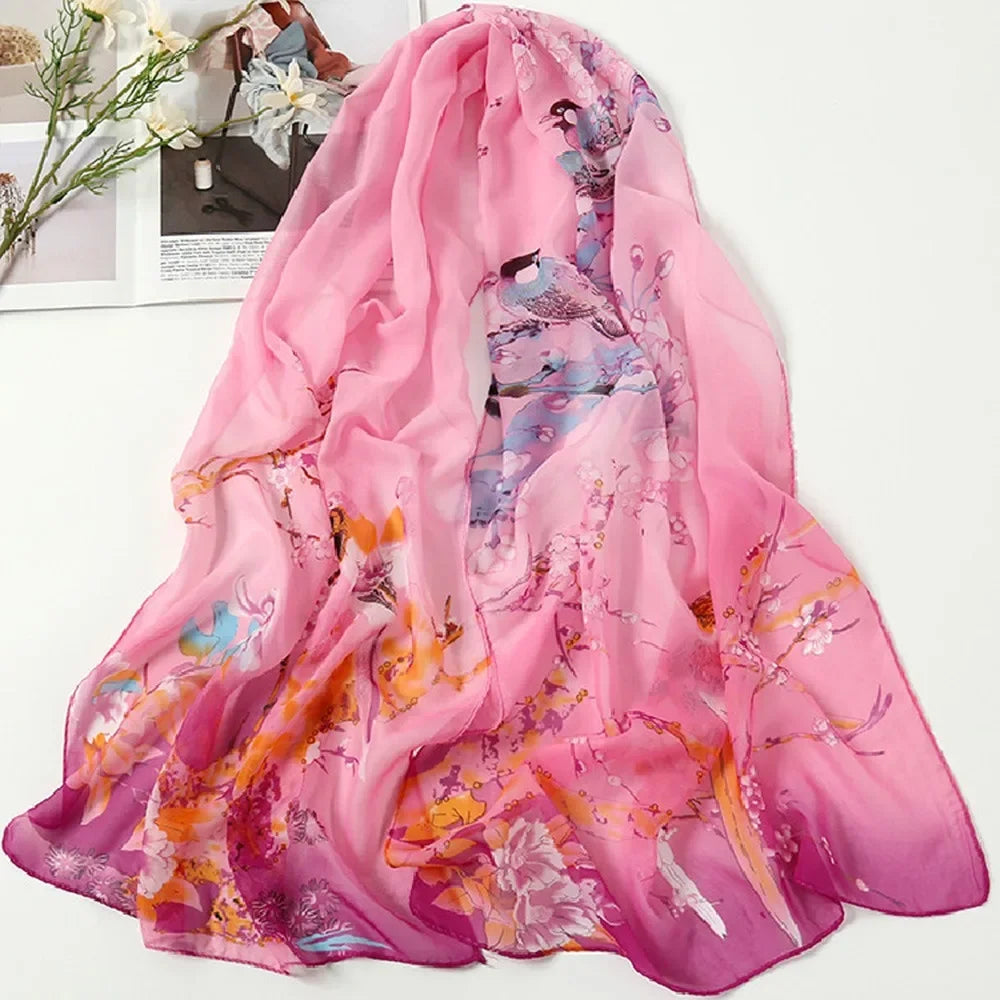 Fashion 160*50cm Chiffon Scarf Sunscreen Gradient Shawl Silk Washable Flower Print Long Wrap Shawl for Women Oasis Select 03