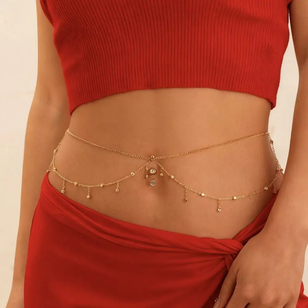 Water Drop Pendant Boho Waist Chain Double Layer Sparkling Zircon Belly Waist Chain Gold Silver Color Tassel Oasis Select