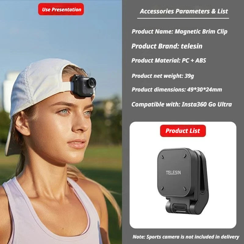 Magnetic Hat Clip Mount for Insta360 Go Ultra GO 3S & DJI Osmo