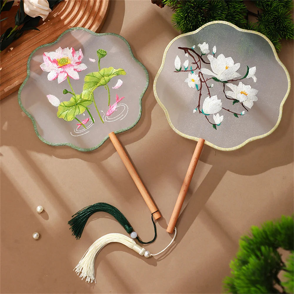 Flower Embroidered Silk Round Fan Chinese Hand Fans with Wooden Handle Tassel Wedding Party Dance Accessories Home Decor Oasis Select