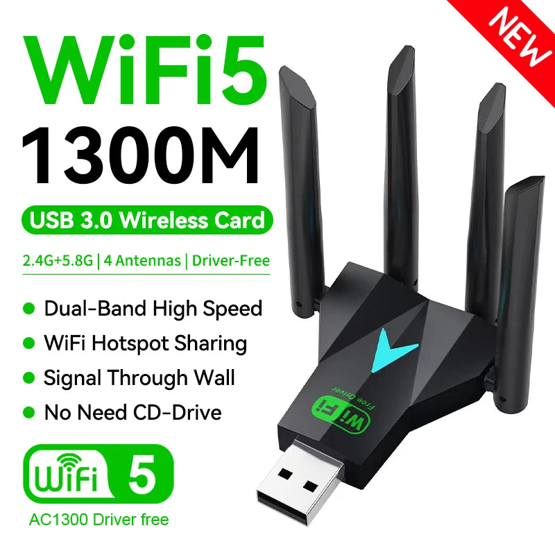 Dual Band 1300Mbps WiFi USB Adapter 2.4G/5Ghz Wi-Fi Dongle USB3.0 802.11AC 4-Antenna Wireless Receiver For PC/Laptop Driver Free Oasis Select AC1300 WiFi Adapter
