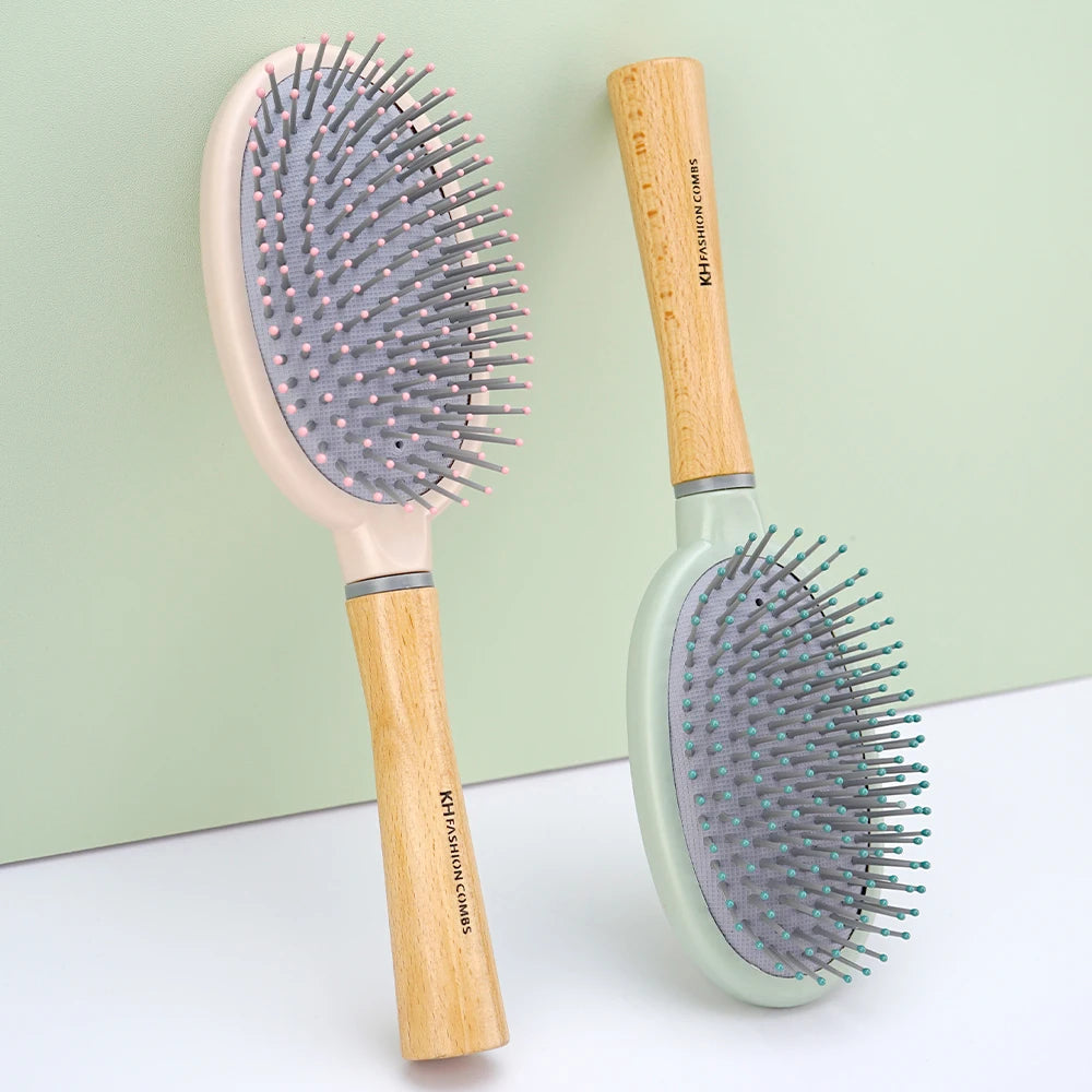 Natural Wood Handle Air Cushion Hair Brush - Soft Round-Tip Nylon Pins for Gentle Detangling & Scalp Massage Oasis Select