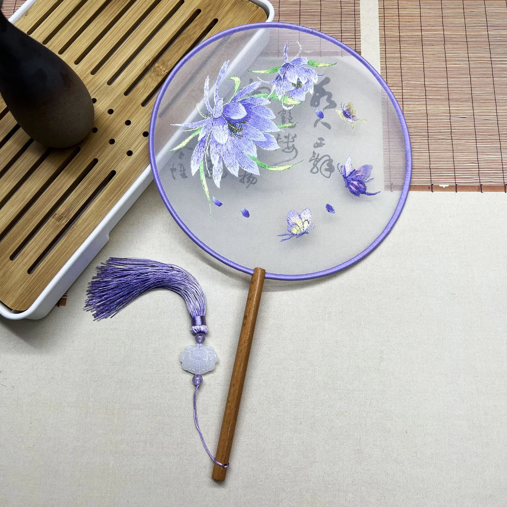 Red Flower Silk Fan Double Sided Embroidery Round Fan Chinese Palace Hanfu Hand Fan Craft Wedding Gift For Guests Home Decor Oasis Select