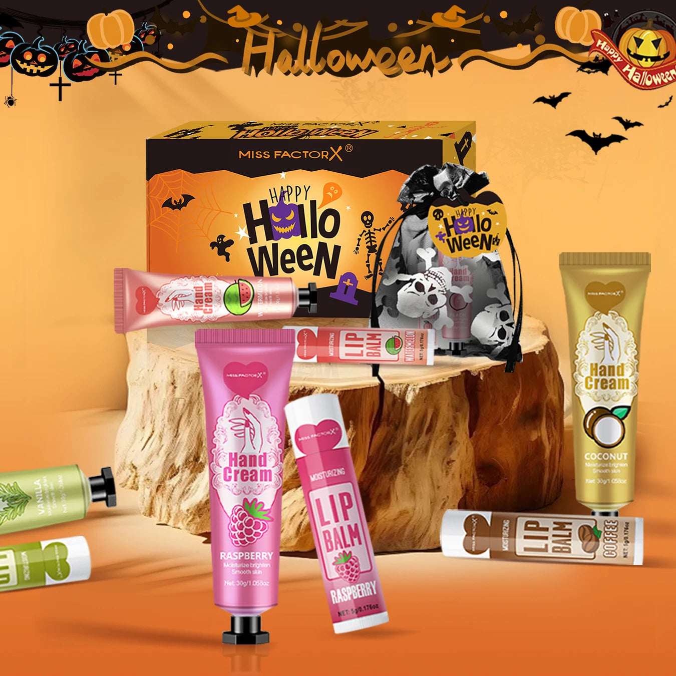 12 Halloween gift sets/box, lip balm set, hand cream set, Easter, skull mesh bag and pumpkin card, Trick or treat Oasis Select