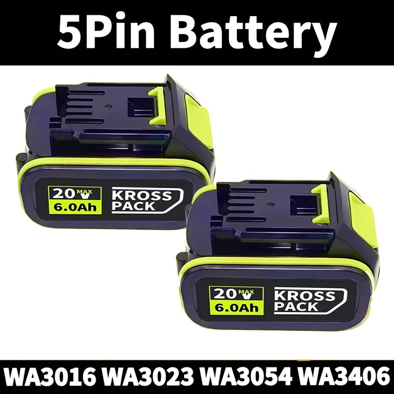 WORX 20V High-Capacity Li-Ion Rechargeable Battery 6.0Ah/8.0Ah Compatible with WA3551 WA3551.1 WA3553 WA3641 WX373 WX390 Tools Oasis Select A-5Pin-6.0Ah (2pcs)
