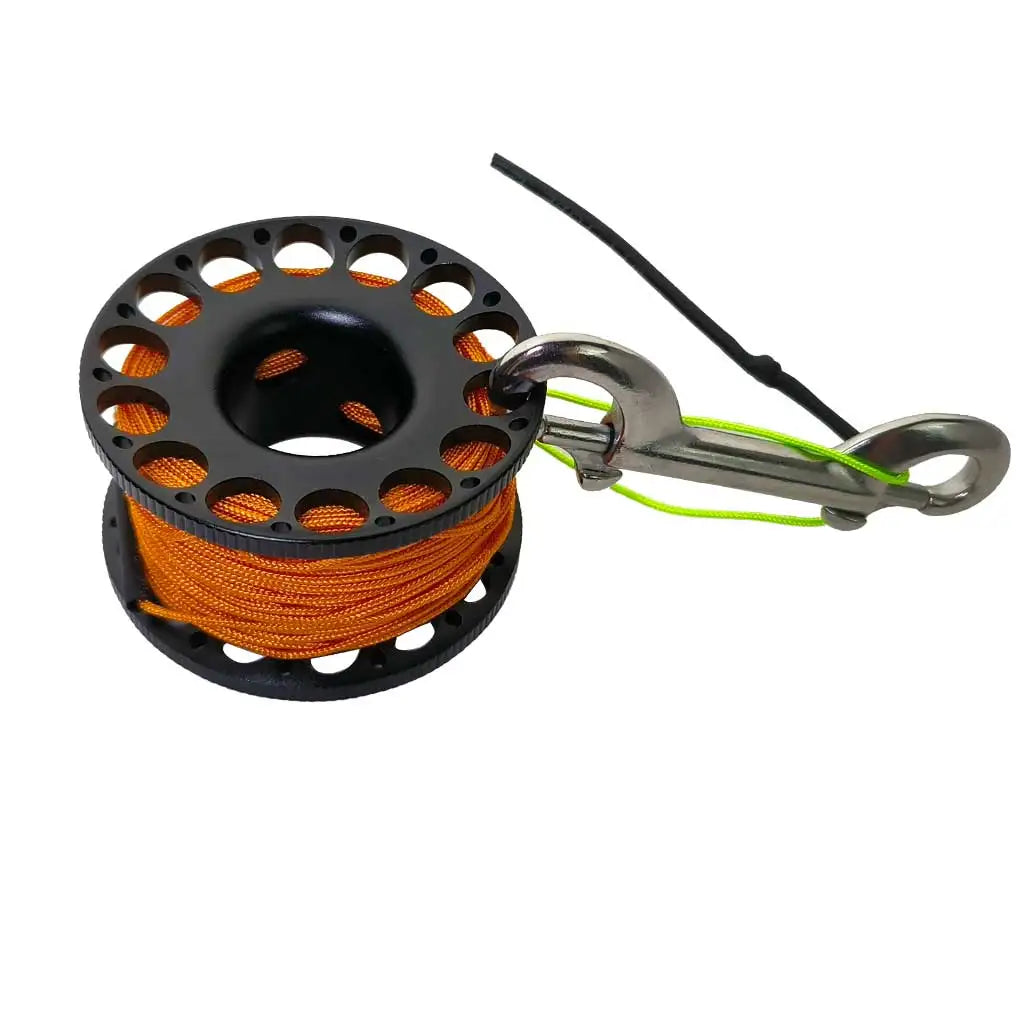 30M Aluminum Alloy Scuba Diving Spool Finger Reel with Stainless Steel double ended hook Cave Tech Wreck Diving Finger Reel Oasis Select Orange-Black 30M