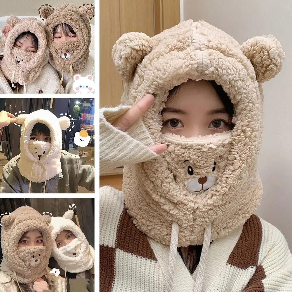 2025NEW Winter Cartoon Hat With Mask Bear Lamb Beanie Hats Warm Thickened Ear Protection Beanies for Women Girl Kawaii Oasis Select