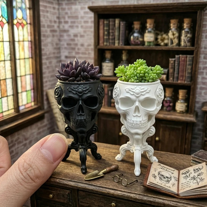 1:12 Scale Gothic Skull Mini Planter 3D Printed Ornate Rococo Stand Micro Flower Pots Handicraft Ornaments Dollhouse Decor Gifts Oasis Select