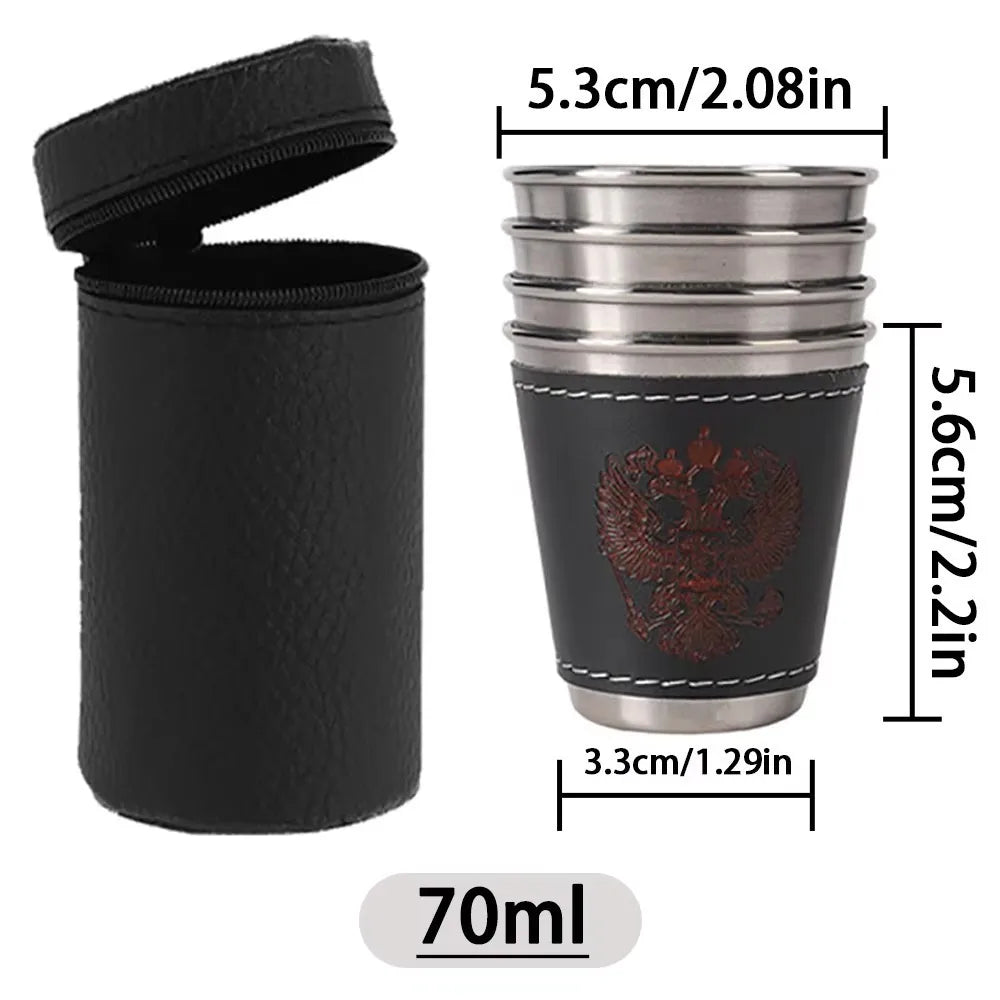 4-Piece Stainless Steel Travel Cup Set | PU Leather Sleeve
