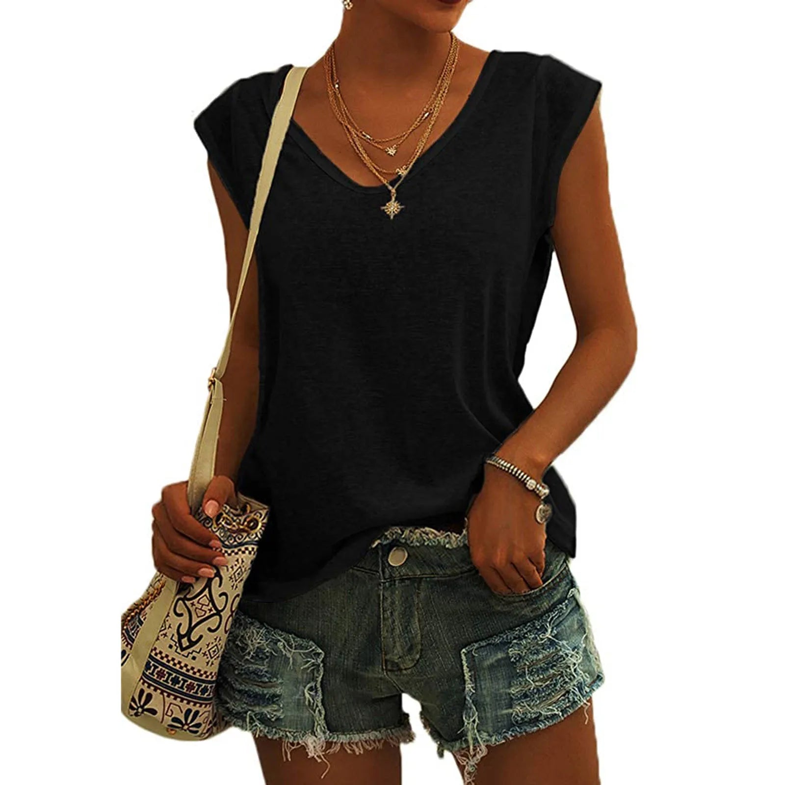 Summer Camisole Women'S V-Neck Vest Colored Cotton Solid Color T-Shirt Casual Sleeveless Vest Loose Top Fitted Vest Women'S Clot Oasis Select Black XL