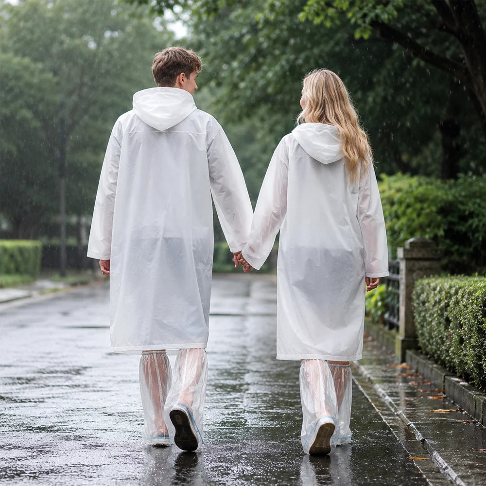 White Raincoat with 10 Disposable Shoe Covers Waterproof Adult Poncho Set for Outdoor Travel Camping Hiking Rain Protection Gear Oasis Select