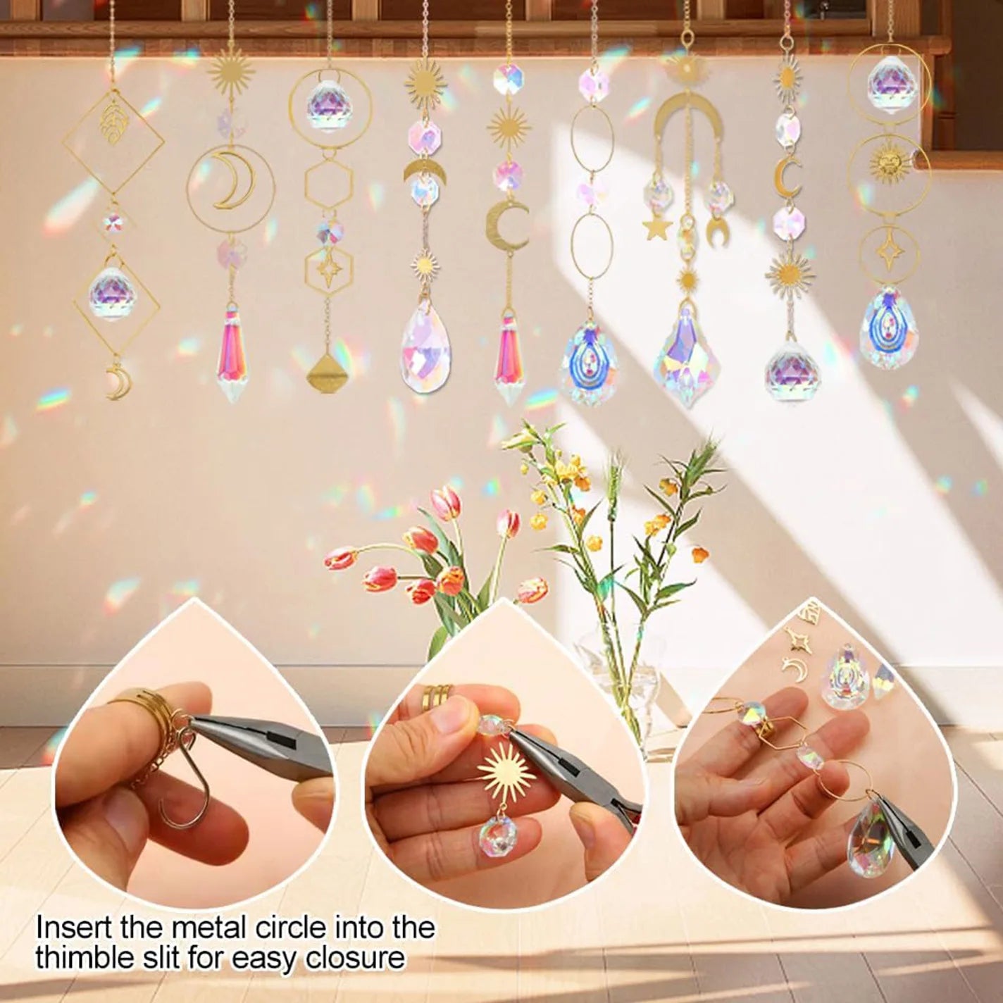 Crystal Suncatcher DIY Kit 200+Pcs Gold Jewelry Making Supplies with Prisms Tools Non-Toxic Boho Decor Gift Sensory Craft Gift Oasis Select