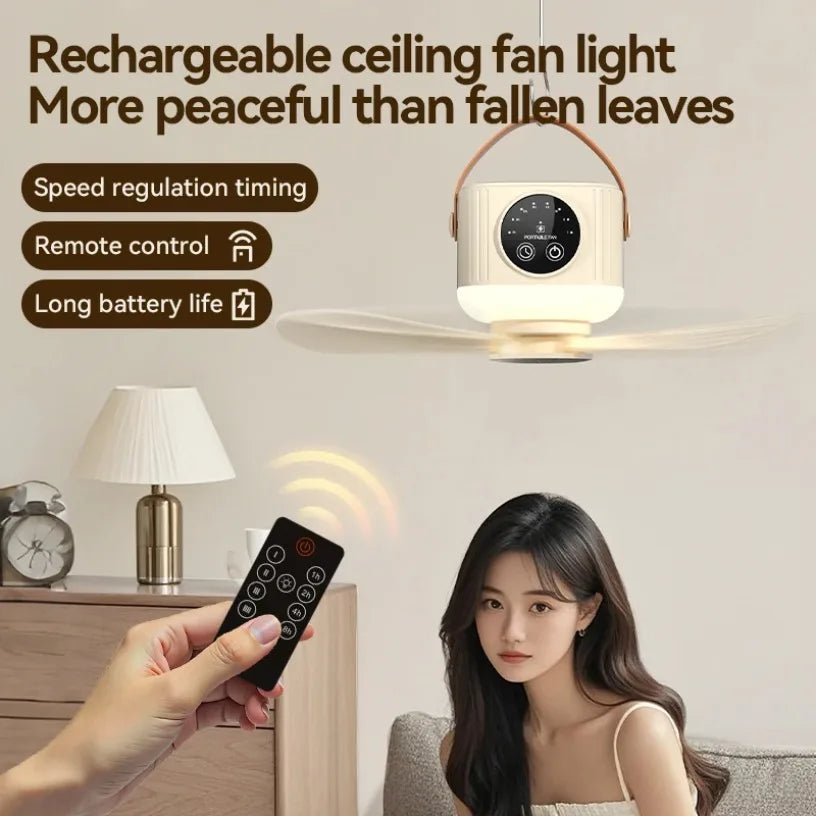Portable Hanging Fan Remote Control 4 Speed 4 Timer Warm LED Light Ceiling Fan For Bedroom Living Room Dorm Camping Outdoor Oasis Select