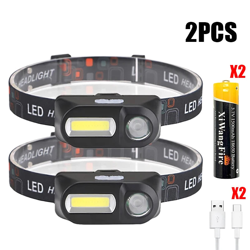 Mini Portable XPE+COB Headlamp Dual Light Source USB Rechargeable Use 18650 Battery Outdoor Camping Fishing Headlight Oasis Select 1500mAh 2PCS