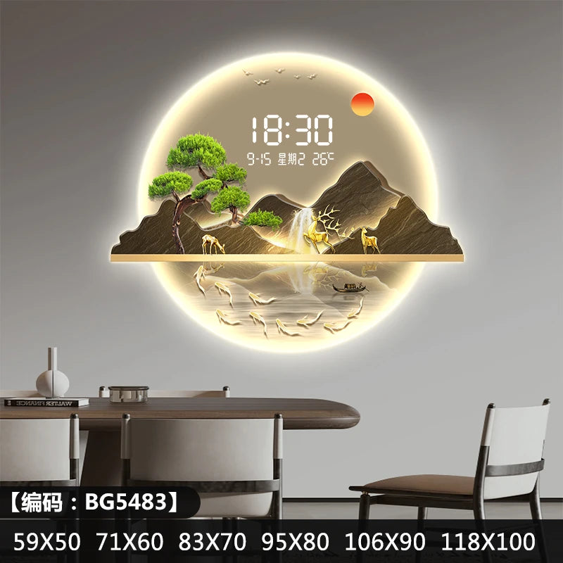 Round Greeting Pine Luminous Electronic Clock Guest Restaurant Porch Decorative Painting LED Light Hanging Wall Clock Oasis Select BG5483 59cm x 50cm plug in