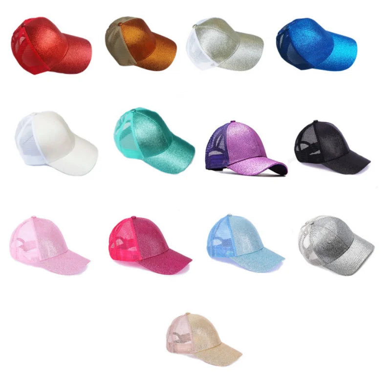 Classic quick drying large brim children's baseball cap with shiny ponytail and sequined hat, fashionable sun protection, casual Oasis Select