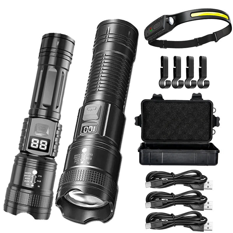 High Strong Power Led Flashlights 2000LM Tactical Torch with Display Light USB Charging Camping Fishing Emergency Zoom Lantern Oasis Select Package List D ZOOM