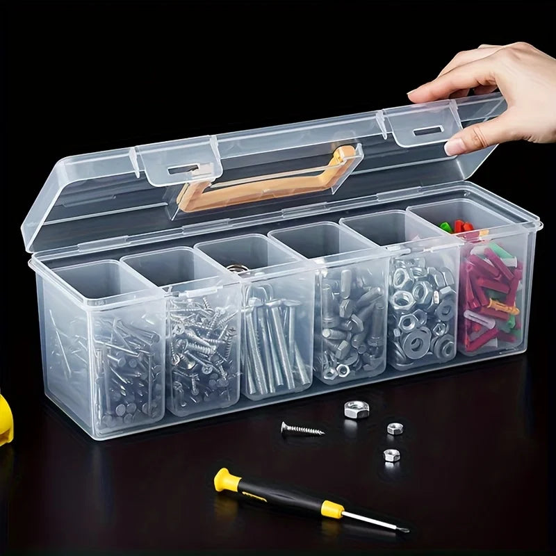 7Pcs Heavy Duty Parts Organizer, Clear Tool Storage Box with 6 Removable Bins, Portable Hardware Case for Screws Nails Nuts Oasis Select