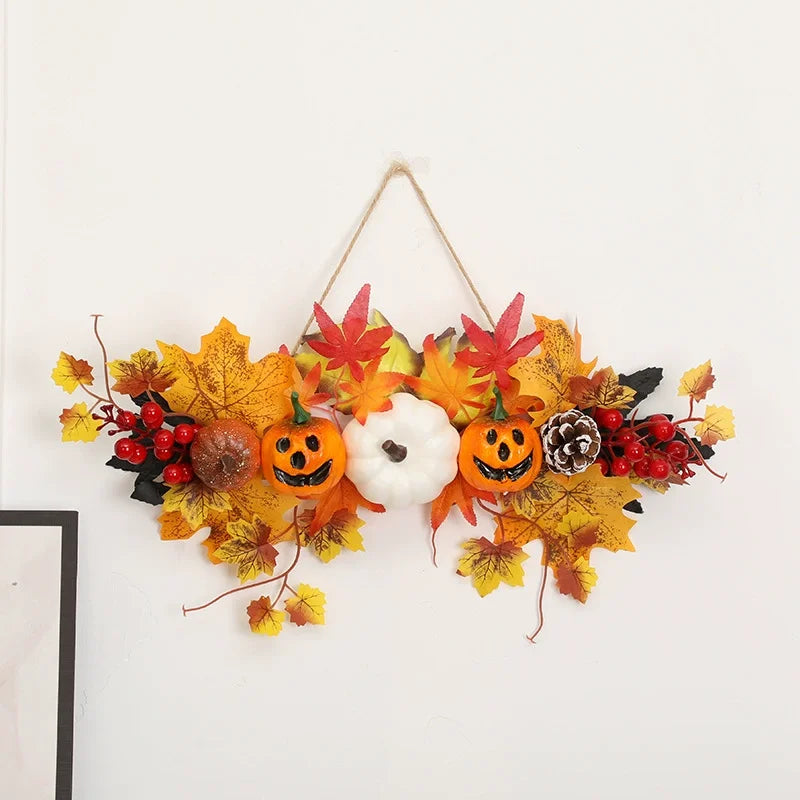 Halloween Maple Leaf Door Decor Autumn Pumpkin Maple Leaf Decor Halloween Front Door Wreath Pendant Decoration for Room Oasis Select