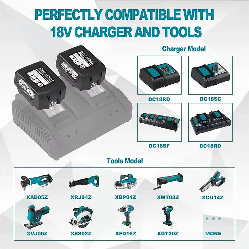 18V 6.0Ah Rechargeable Lithium-Ion Battery (18650 Cell) + 3A Charger, Suitable for Makita Power Tool BL1860 BL1830 LXT400 BL1850 Oasis Select