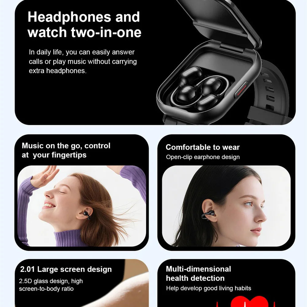 Music Smart Watch TWS Bluetooth Headset 2 In 1 Watch Men Women Reminder Heart Rate Monitor BT Call Fitness Tracker 2.01" Screen Oasis Select